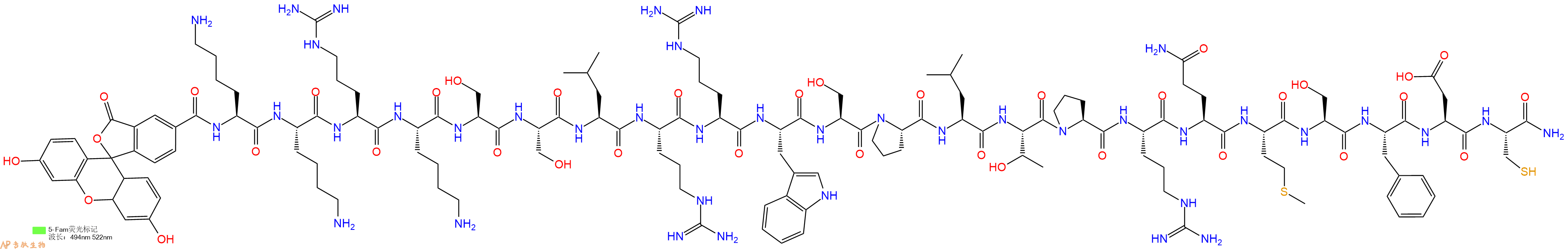 专肽生物产品荧光标记肽5FAM-KKRKSSLRRWSPLTPRQMSFDC-NH2