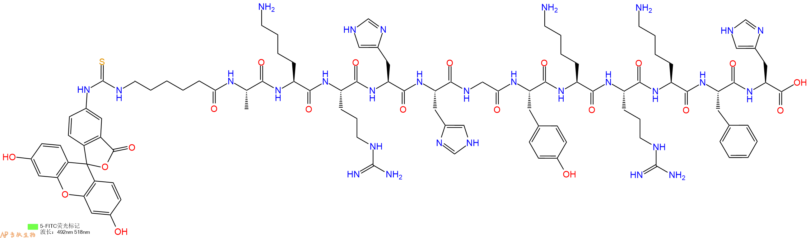 专肽生物产品5FITC-Ahx-Ala-Lys-Arg-His-His-Gly-Tyr-Lys-Arg-Lys-