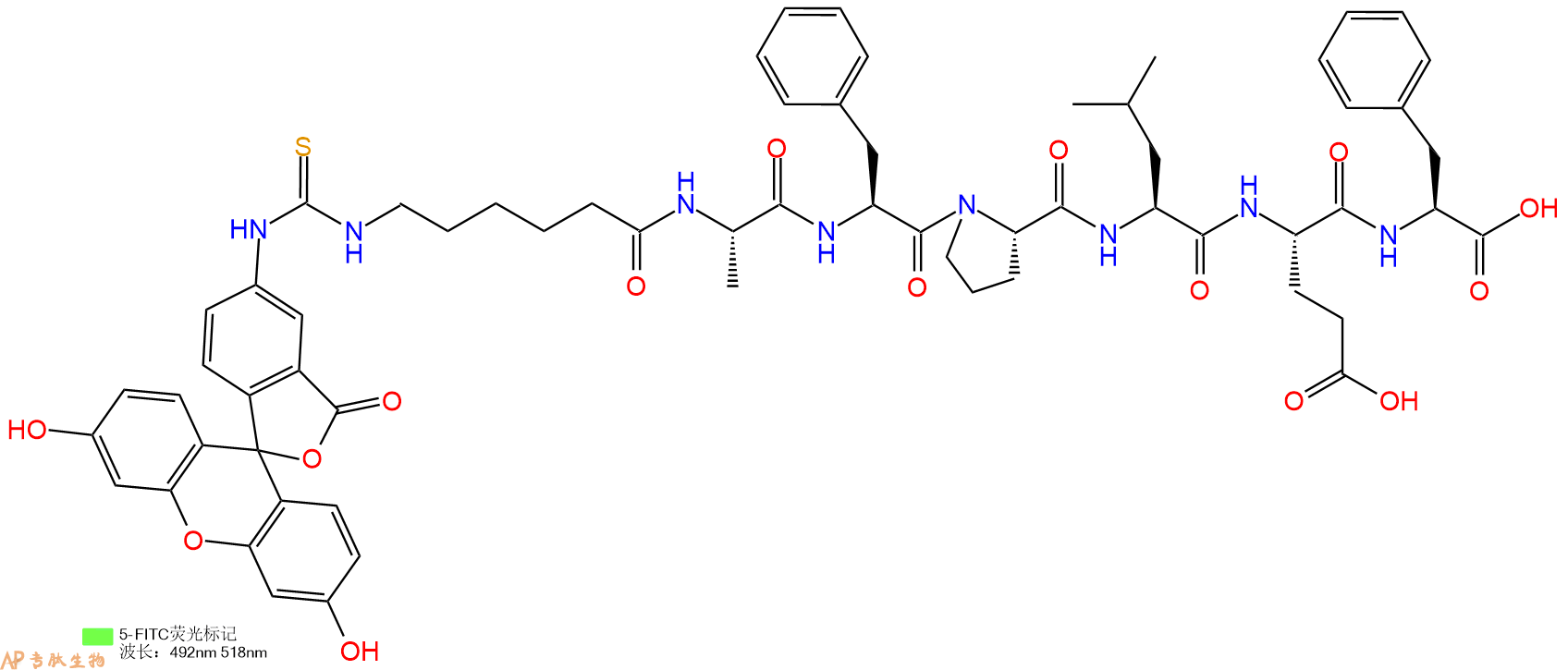 专肽生物产品5FITC-Ahx-Ala-Phe-Pro-Leu-Glu-Phe-COOH