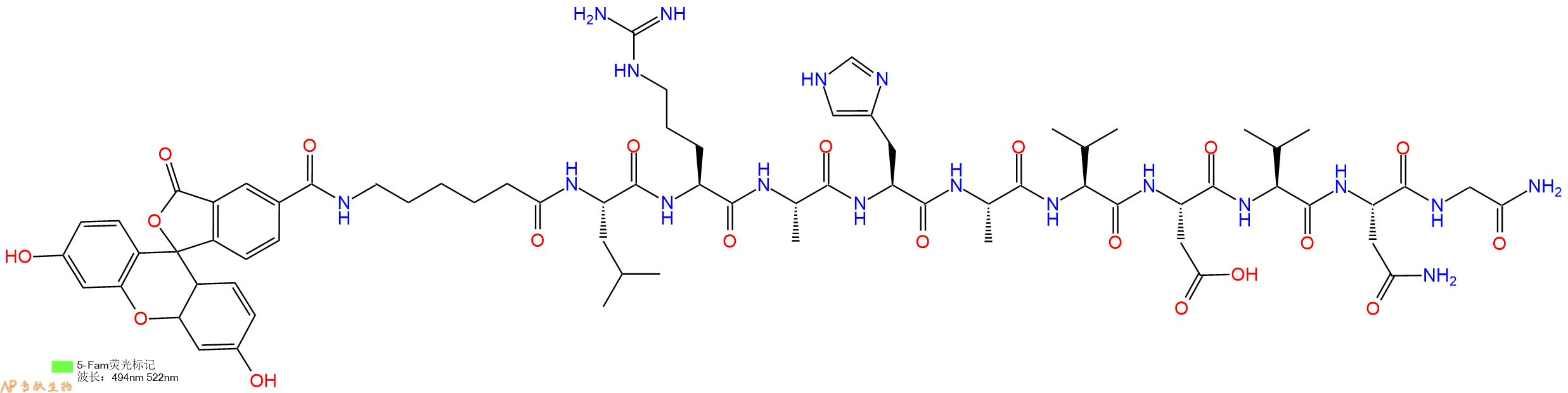 专肽生物产品5FAM-Ahx-Leu-Arg-Ala-His-Ala-Val-Asp-Val-Asn-Gly-N