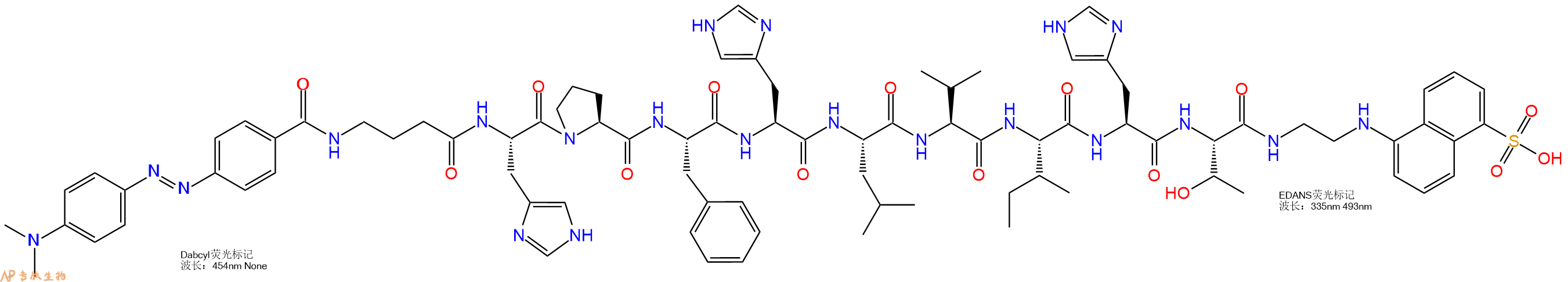专肽生物产品DABCYL-Gaba-His-Pro-Phe-His-Leu-Val-Ile-His-Thr-ED