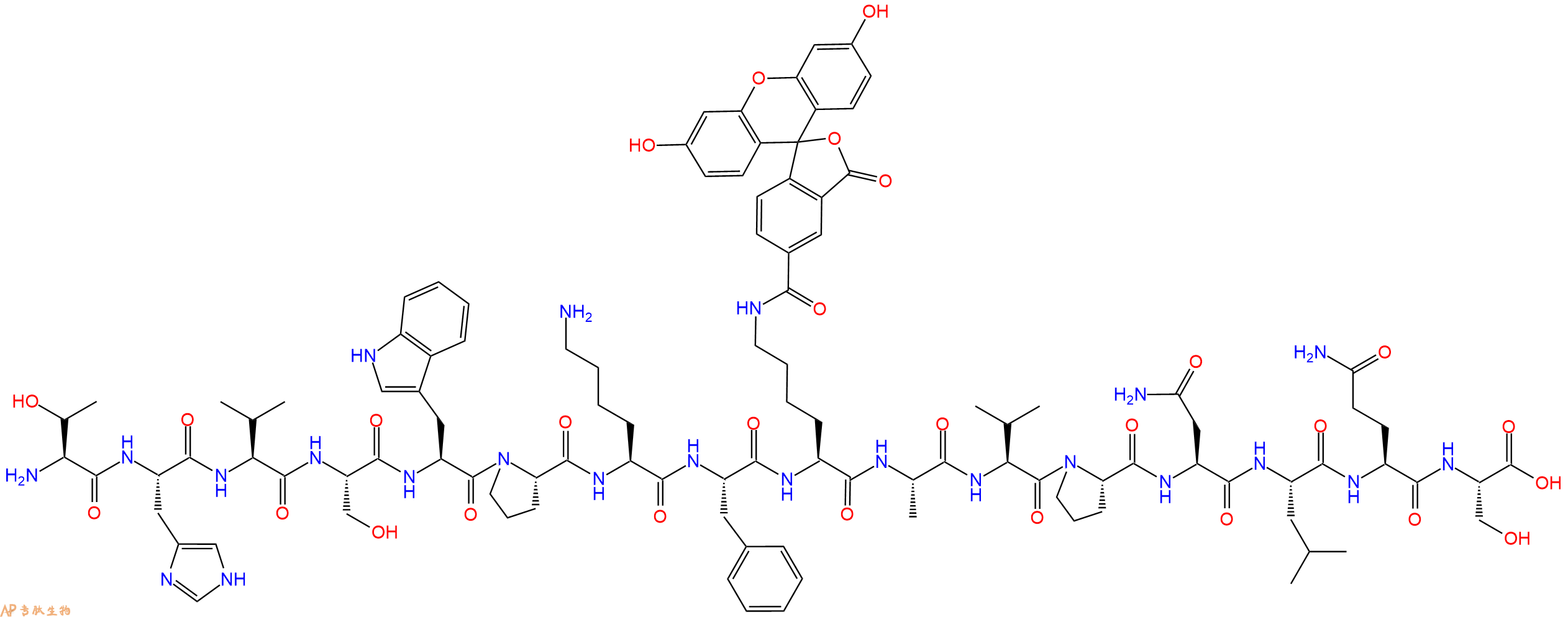 专肽生物产品H2N-Thr-His-Val-Ser-Trp-Pro-Lys-Phe-Lys(5Fam)-Ala-