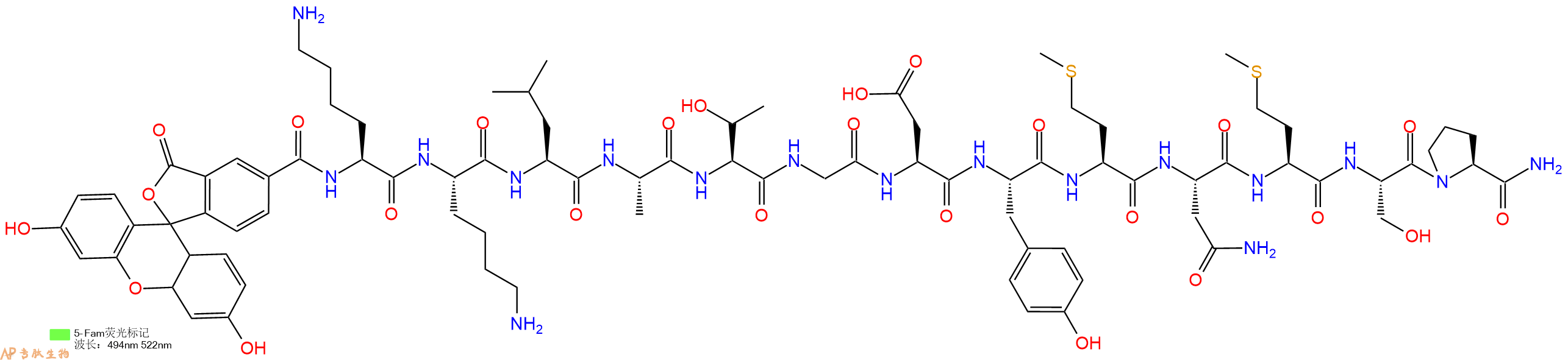 专肽生物产品荧光标记肽5FAM-KKLATGDYMNMSP-NH2