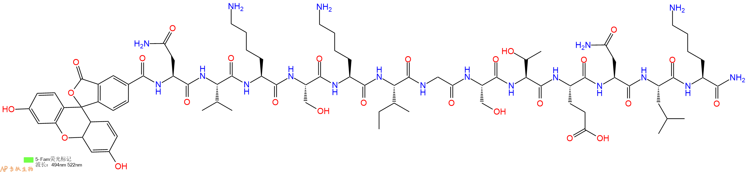 专肽生物产品荧光标记肽5-FAM-NVKSKIGSTENLK-NH2