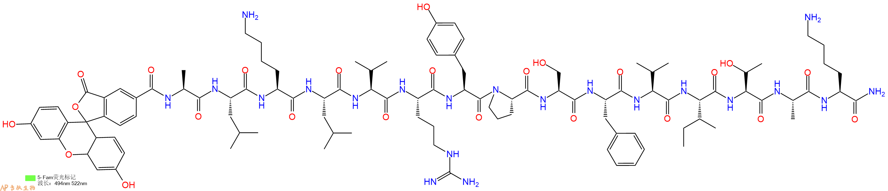 专肽生物产品荧光标记肽5-FAM-ALKLVRYPSFVITAK-NH2