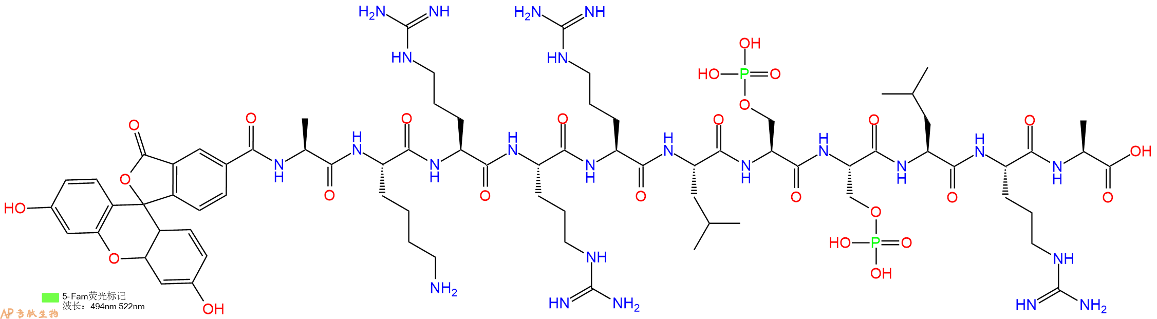 专肽生物产品荧光标记肽5-FAM-AKRRRL-Ser(PO3H2)-Ser(PO3H2)-LRA
