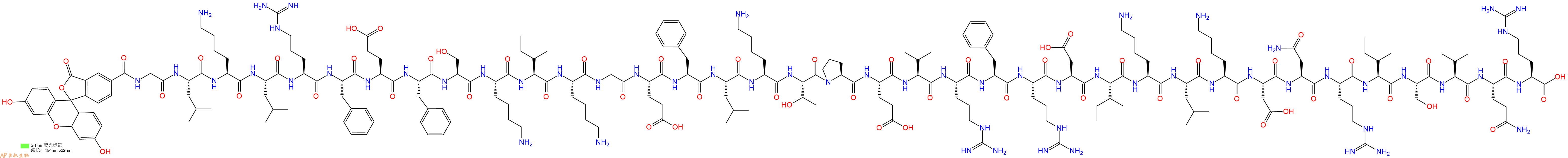 专肽生物产品荧光标记肽5Fam-GLKLRFEFSKIKGEFLKTPEVRFRDIKLKDNRISVQR2022972-73-0