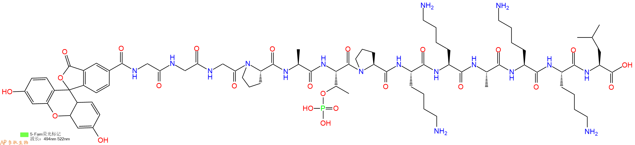 专肽生物产品荧光标记肽5-FAM-GGGPA-Thr(PO3H2)-PKKAKKL