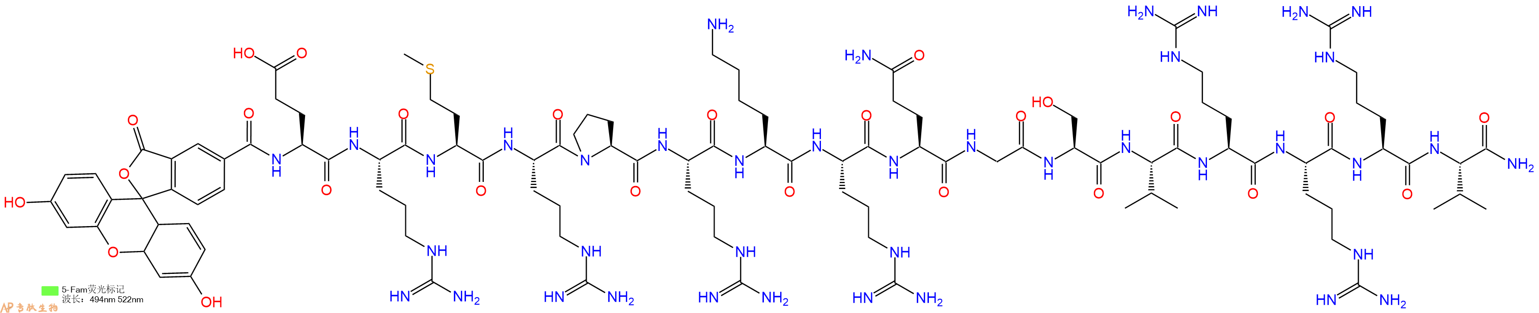 专肽生物产品荧光标记肽5-FAM-ERMRPRKRQGSVRRRV-NH2