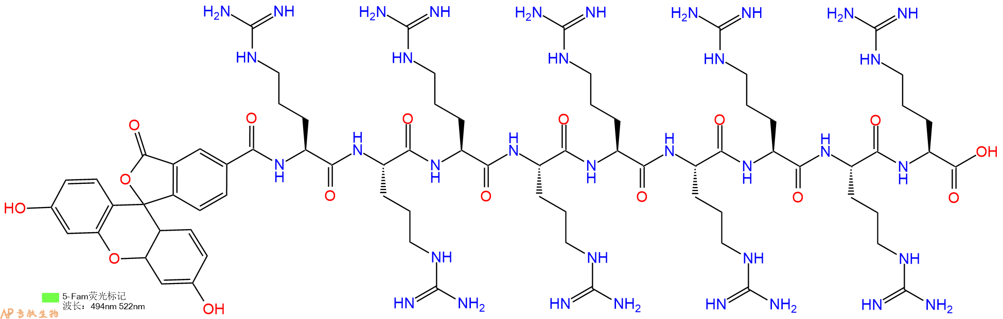 专肽生物产品细胞穿膜肽(Arg)9, FAM-labeled、FAM-R9