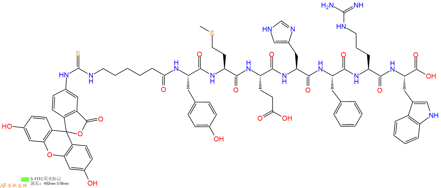 专肽生物产品5FITC-Ahx-Tyr-Met-Glu-His-Phe-Arg-Trp-COOH