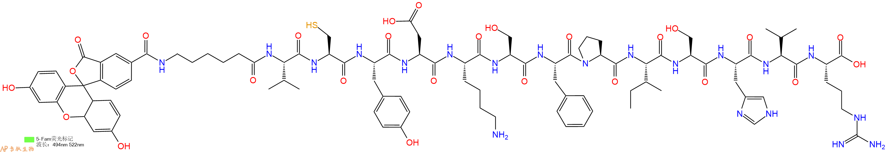专肽生物产品5FAM-Ahx-Val-Cys-Tyr-Asp-Lys-Ser-Phe-Pro-Ile-Ser-H