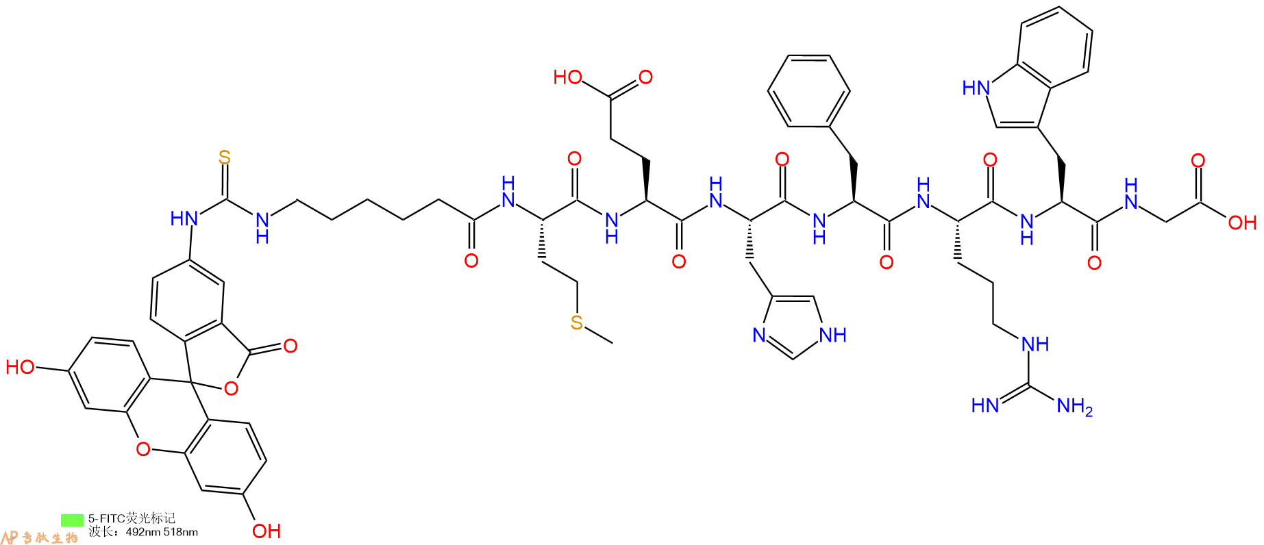 专肽生物产品5FITC-Ahx-Met-Glu-His-Phe-Arg-Trp-Gly-COOH