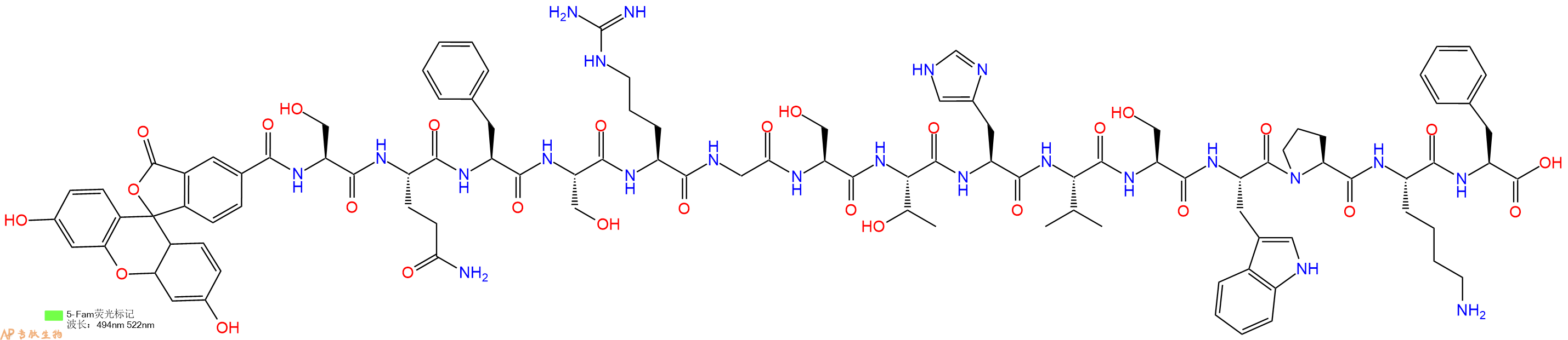专肽生物产品5FAM-Ser-Gln-Phe-Ser-Arg-Gly-Ser-Thr-His-Val-Ser-T