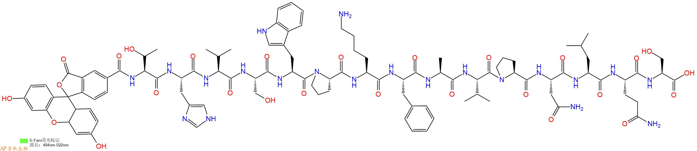 专肽生物产品5FAM-Thr-His-Val-Ser-Trp-Pro-Lys-Phe-Ala-Val-Pro-A