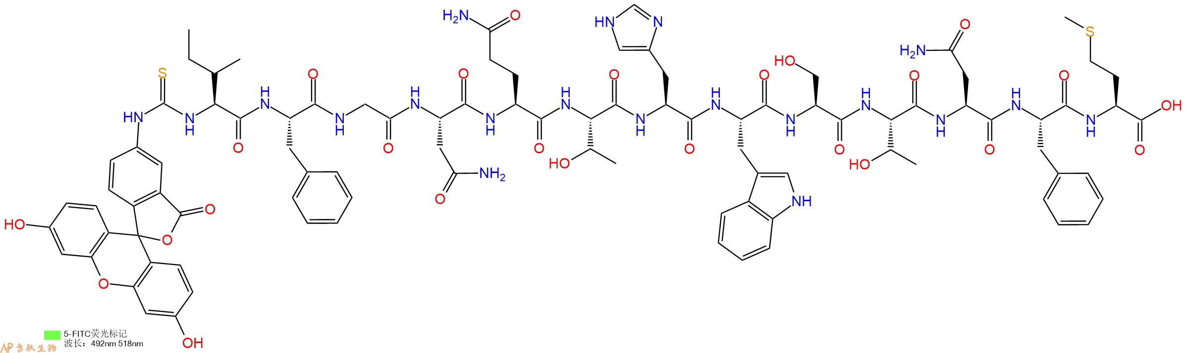 专肽生物产品5FITC-Ile-Phe-Gly-Asn-Gln-Thr-His-Trp-Ser-Thr-Asn-