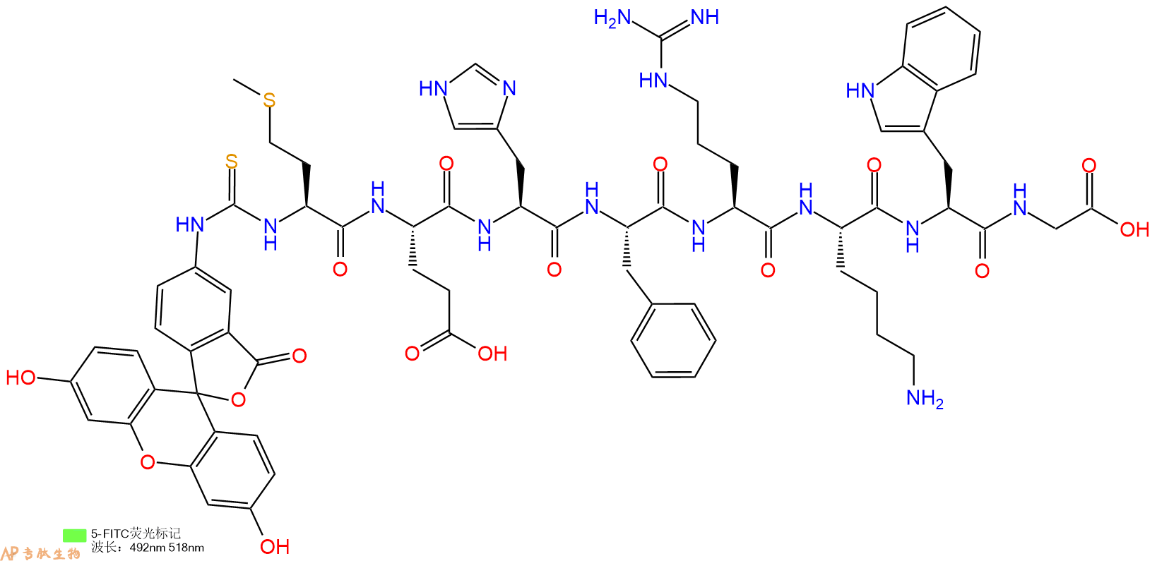 专肽生物产品5FITC-Met-Glu-His-Phe-Arg-Lys-Trp-Gly-COOH