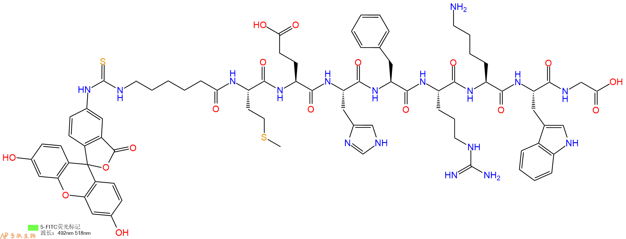 专肽生物产品5FITC-Ahx-Met-Glu-His-Phe-Arg-Lys-Trp-Gly-COOH