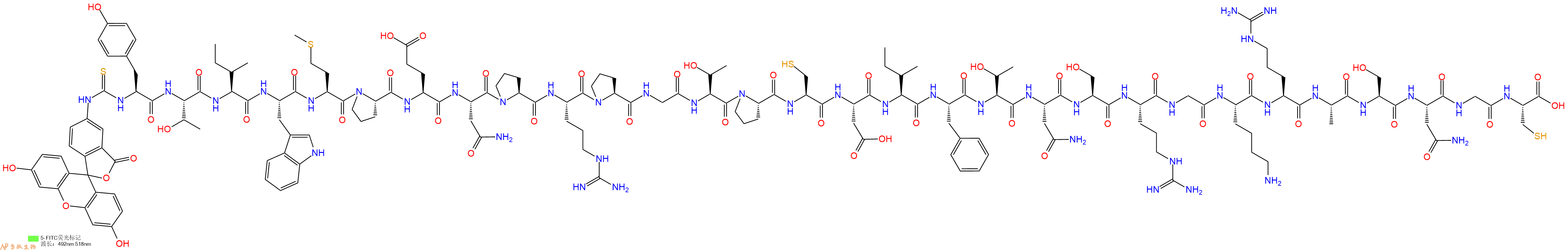 专肽生物产品5FITC-Tyr-Thr-Ile-Trp-Met-Pro-Glu-Asn-Pro-Arg-Pro-Gly-Thr-Pro-Cys-Asp-Ile-Phe-Thr-Asn-Ser-Arg-Gly-Lys-Arg-Ala-Ser-Asn-Gly-Cys-COOH