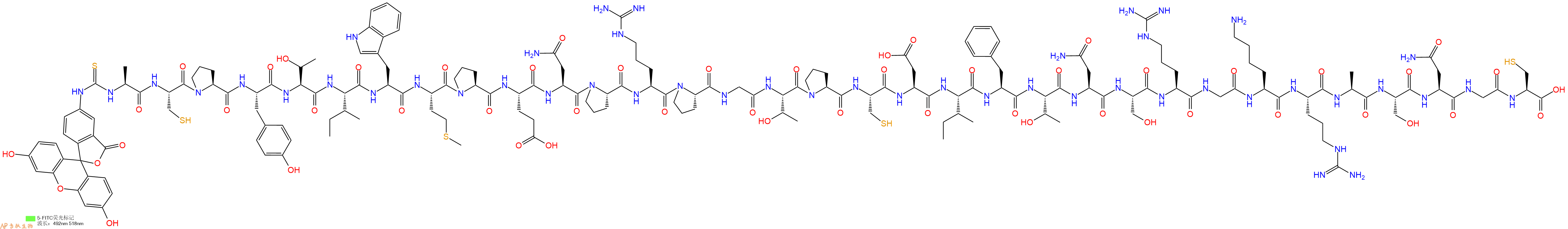 专肽生物产品5FITC-Ala-Cys-Pro-Tyr-Thr-Ile-Trp-Met-Pro-Glu-Asn-Pro-Arg-Pro-Gly-Thr-Pro-Cys-Asp-Ile-Phe-Thr-Asn-Ser-Arg-Gly-Lys-Arg-Ala-Ser-Asn-Gly-Cys-COOH