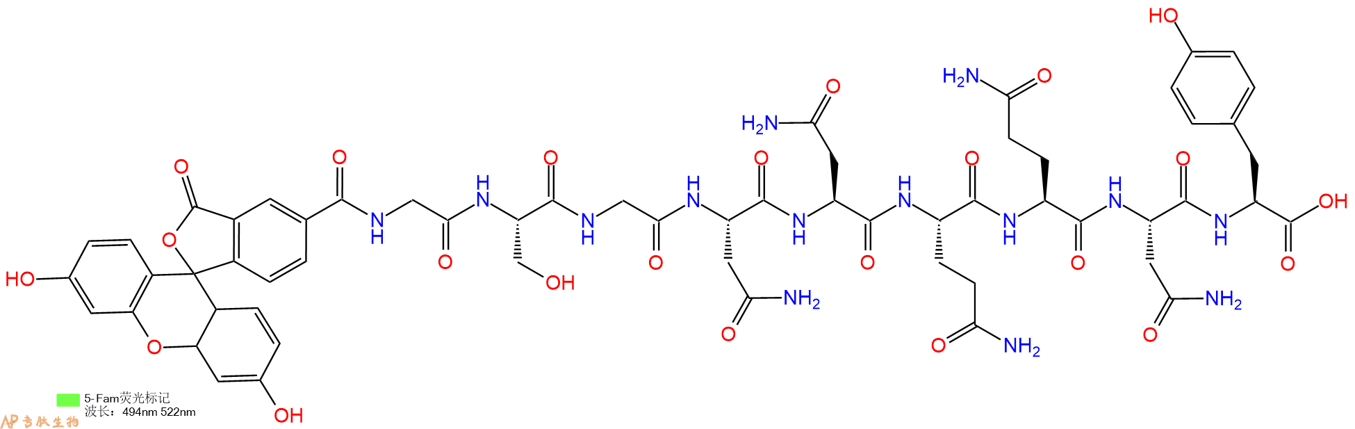 专肽生物产品5FAM-Gly-Ser-Gly-Asn-Asn-Gln-Gln-Asn-Tyr-COOH