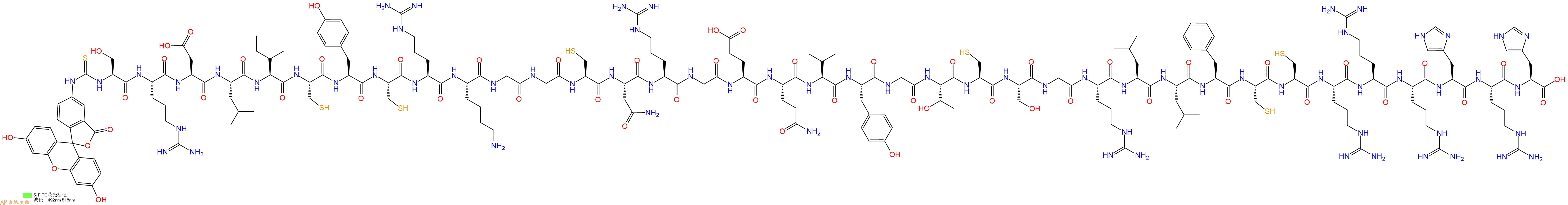 专肽生物产品5FITC-Ser-Arg-Asp-Leu-Ile-Cys-Tyr-Cys-Arg-Lys-Gly-Gly-Cys-Asn-Arg-Gly-Glu-Gln-Val-Tyr-Gly-Thr-Cys-Ser-Gly-Arg-Leu-Leu-Phe-Cys-Cys-Arg-Arg-Arg-His-Arg-His-COOH