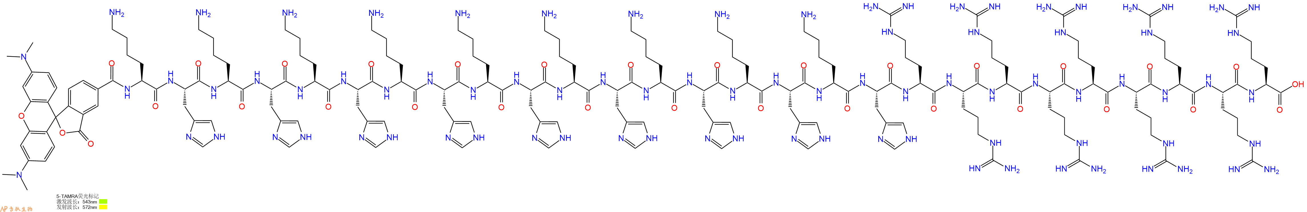 专肽生物产品5TAMRA-Lys-His-Lys-His-Lys-His-Lys-His-Lys-His-Lys-His-Lys-His-Lys-His-Lys-His-Arg-Arg-Arg-Arg-Arg-Arg-Arg-Arg-Arg-COOH