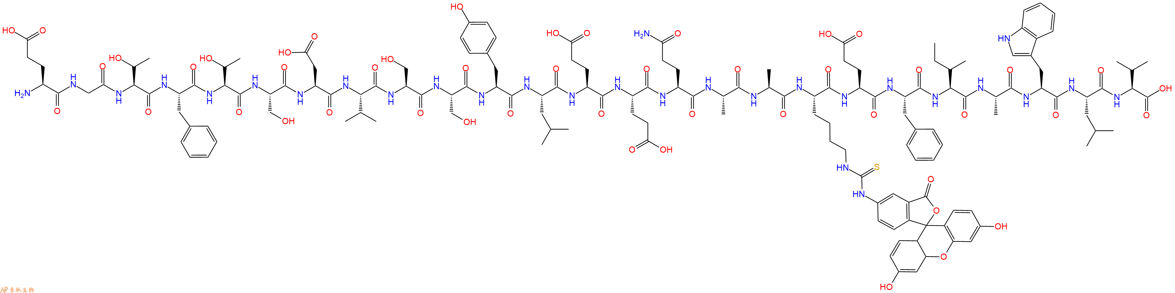 专肽生物产品H2N-Glu-Gly-Thr-Phe-Thr-Ser-Asp-Val-Ser-Ser-Tyr-Leu-Glu-Glu-Gln-Ala-Ala-Lys(Fitc)-Glu-Phe-Ile-Ala-Trp-Leu-Val-COOH