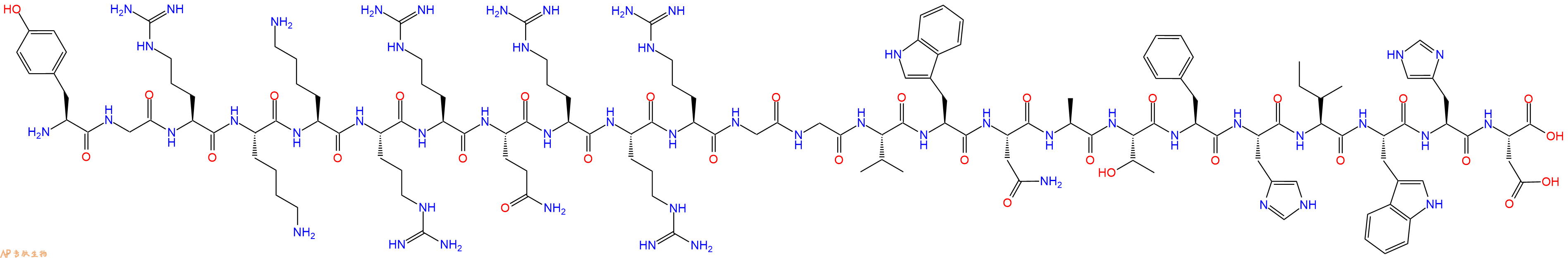 专肽生物产品H2N-Tyr-Gly-Arg-Lys-Lys-Arg-Arg-Gln-Arg-Arg-Arg-Gly-Gly-Val-Trp-Asn-Ala-Thr-Phe-His-Ile-Trp-His-Asp-COOH