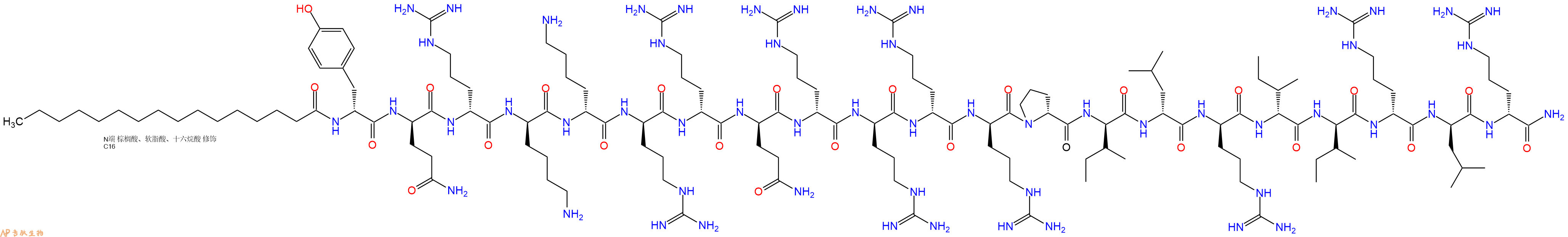 专肽生物产品Palmiticacid-DTyr-DGln-DArg-DLys-DLys-DArg-DArg-DGln-DArg-DArg-DArg-DArg-DPro-DIle-DLeu-DArg-DIle-DIle-DArg-DLeu-DArg-NH2