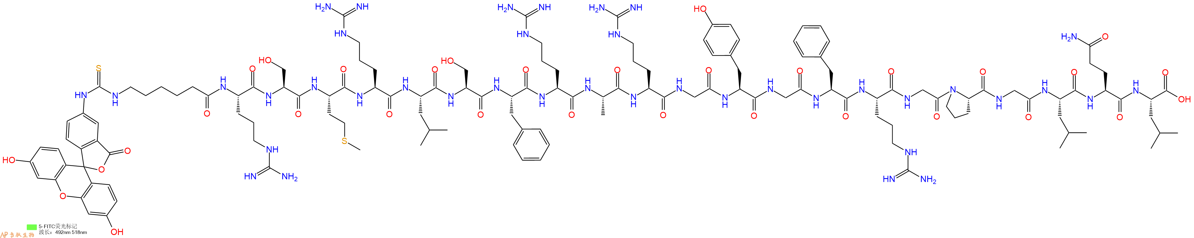 专肽生物产品5FITC-Ahx-Arg-Ser-Met-Arg-Leu-Ser-Phe-Arg-Ala-Arg-Gly-Tyr-Gly-Phe-Arg-Gly-Pro-Gly-Leu-Gln-Leu-COOH