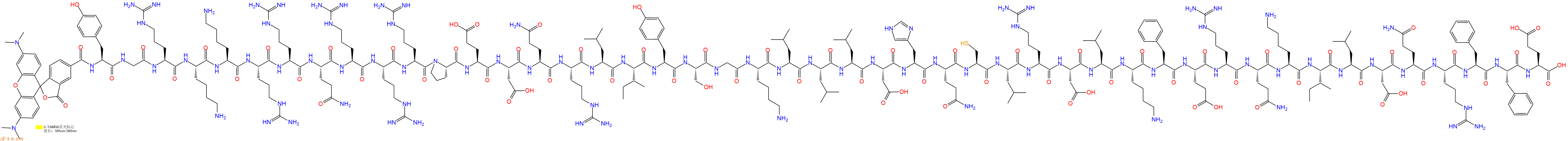 专肽生物产品5TAMRA-Tyr-Gly-Arg-Lys-Lys-Arg-Arg-Gln-Arg-Arg-Arg-Pro-Glu-Asp-Gln-Arg-Leu-Ile-Tyr-Ser-Gly-Lys-Leu-Leu-Leu-Asp-His-Gln-Cys-Leu-Arg-Asp-Leu-Lys-Phe-Glu-Arg-Gln-Lys-Ile-Leu-Asp-Gln-Arg-Phe-Phe-Glu-COOH
