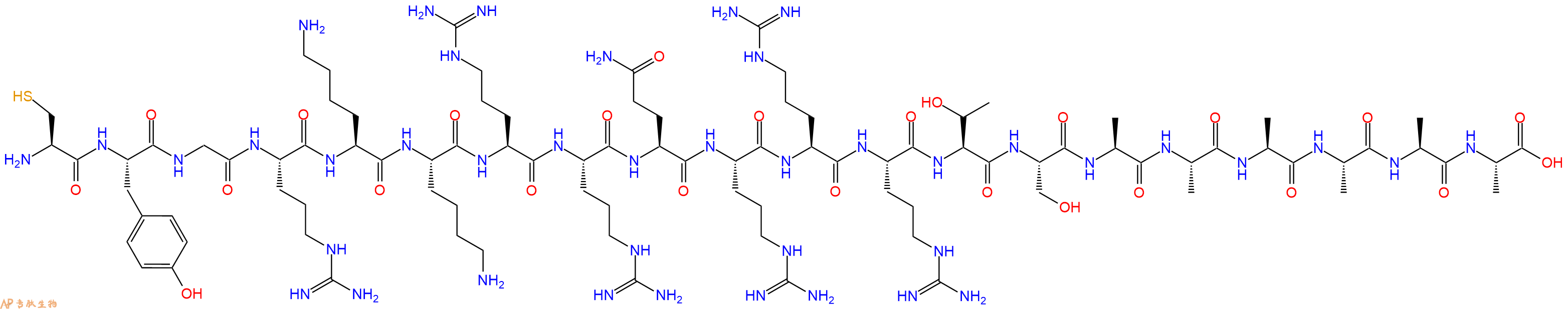 专肽生物产品H2N-Cys-Tyr-Gly-Arg-Lys-Lys-Arg-Arg-Gln-Arg-Arg-Arg-Thr-Ser-Ala-Ala-Ala-Ala-Ala-Ala-COOH