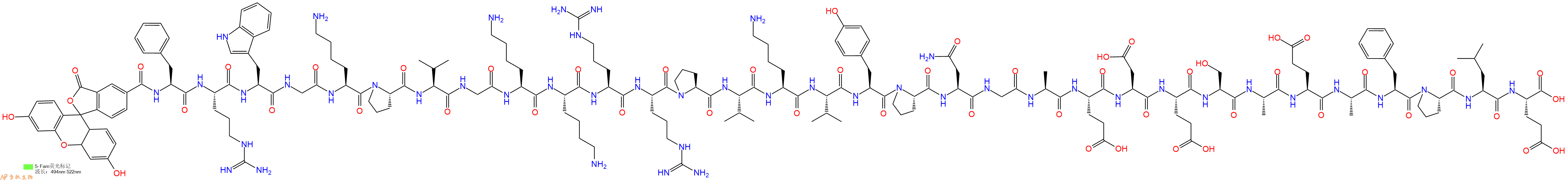 专肽生物产品5FAM-Phe-Arg-Trp-Gly-Lys-Pro-Val-Gly-Lys-Lys-Arg-Arg-Pro-Val-Lys-Val-Tyr-Pro-Asn-Gly-Ala-Glu-Asp-Glu-Ser-Ala-Glu-Ala-Phe-Pro-Leu-Glu-COOH