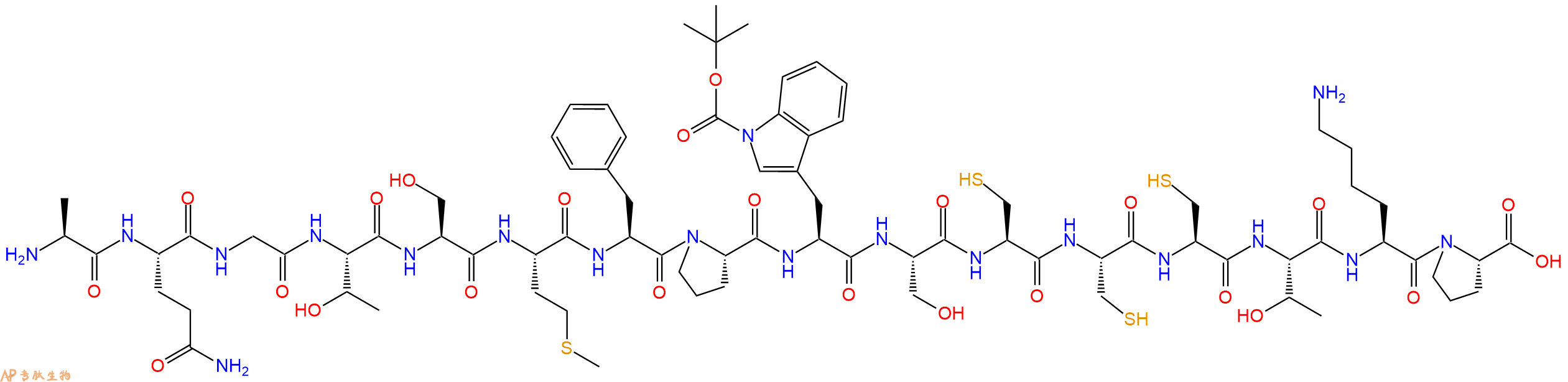 专肽生物产品H2N-Ala-Gln-Gly-Thr-Ser-Met-Phe-Pro-Trp(Boc)-Ser-Cys-Cys-Cys-Thr-Lys-Pro-COOH