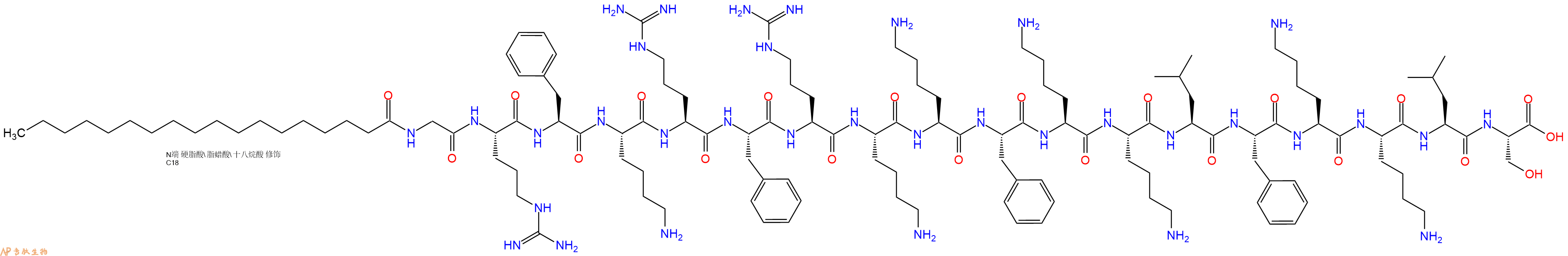 专肽生物产品Stearicacid-Gly-Arg-Phe-Lys-Arg-Phe-Arg-Lys-Lys-Phe-Lys-Lys-Leu-Phe-Lys-Lys-Leu-Ser-COOH