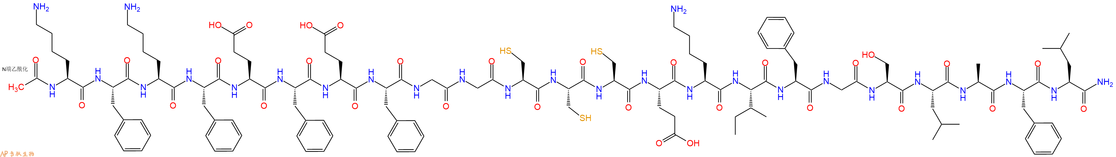 专肽生物产品Ac-Lys-Phe-Lys-Phe-Glu-Phe-Glu-Phe-Gly-Gly-Cys-Cys-Cys-Glu-Lys-Ile-Phe-Gly-Ser-Leu-Ala-Phe-Leu-NH2