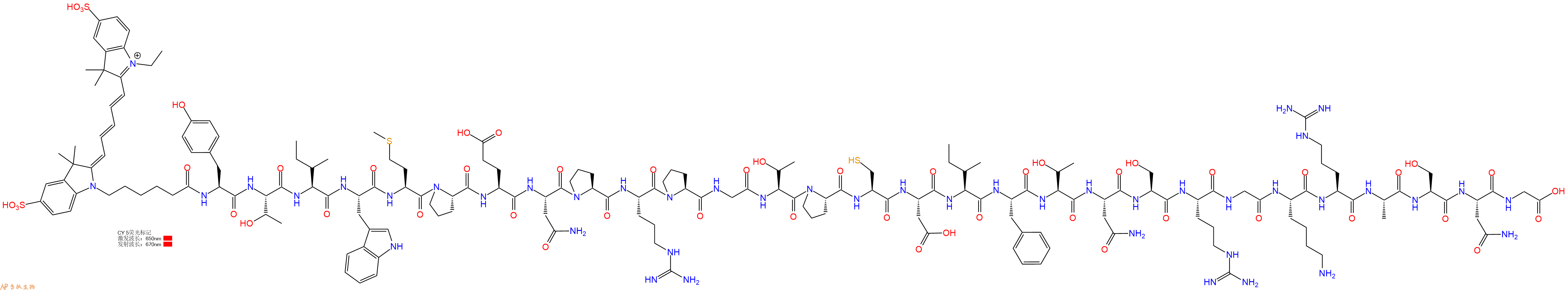 专肽生物产品CY5-Tyr-Thr-Ile-Trp-Met-Pro-Glu-Asn-Pro-Arg-Pro-Gly-Thr-Pro-Cys-Asp-Ile-Phe-Thr-Asn-Ser-Arg-Gly-Lys-Arg-Ala-Ser-Asn-Gly-COOH
