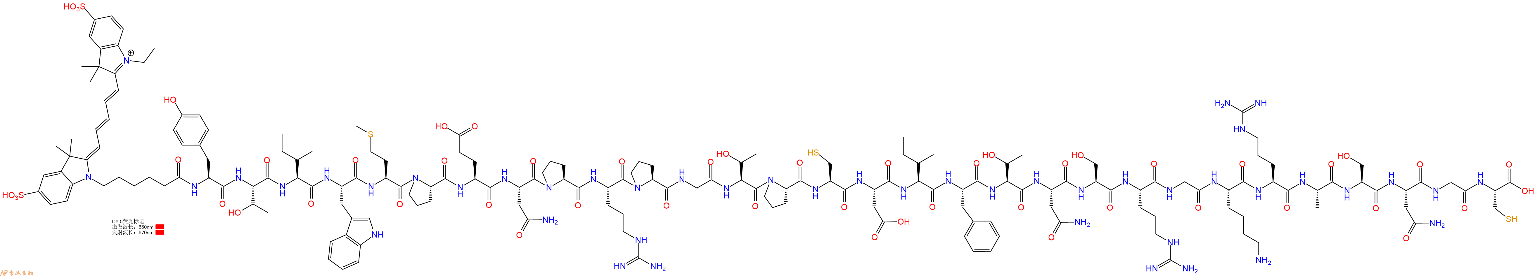 专肽生物产品CY5-Tyr-Thr-Ile-Trp-Met-Pro-Glu-Asn-Pro-Arg-Pro-Gly-Thr-Pro-Cys-Asp-Ile-Phe-Thr-Asn-Ser-Arg-Gly-Lys-Arg-Ala-Ser-Asn-Gly-Cys-COOH