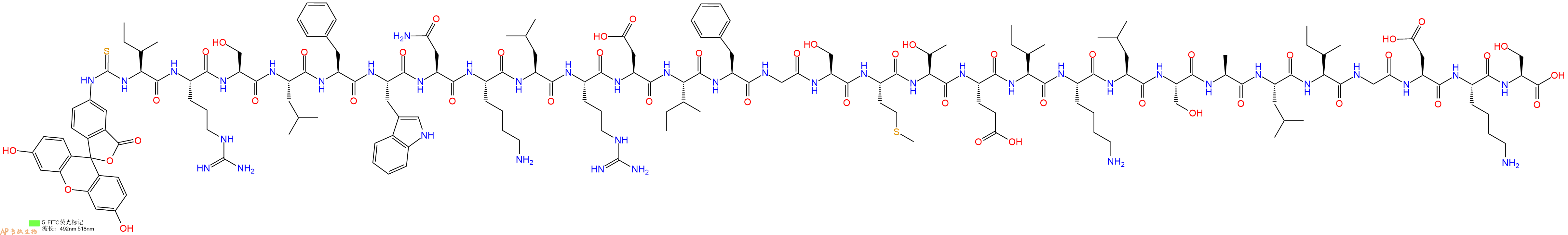 专肽生物产品5FITC-Ile-Arg-Ser-Leu-Phe-Trp-Asn-Lys-Leu-Arg-Asp-Ile-Phe-Gly-Ser-Met-Thr-Glu-Ile-Lys-Leu-Ser-Ala-Leu-Ile-Gly-Asp-Lys-Ser-COOH