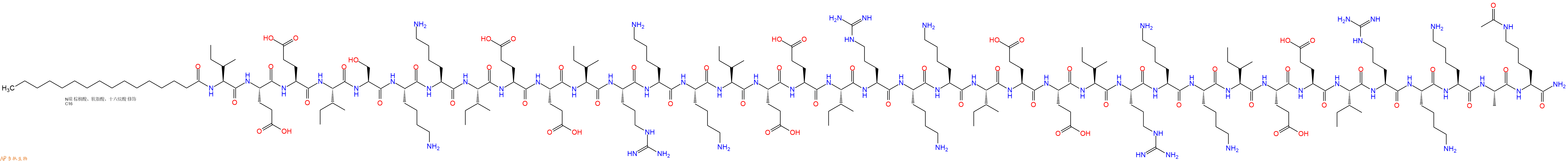 专肽生物产品Palmiticacid-Ile-Glu-Glu-Ile-Ser-Lys-Lys-Ile-Glu-Glu-Ile-Arg-Lys-Lys-Ile-Glu-Glu-Ile-Arg-Lys-Lys-Ile-Glu-Glu-Ile-Arg-Lys-Lys-Ile-Glu-Glu-Ile-Arg-Lys-Lys-Ala-Lys(Ac)-NH2