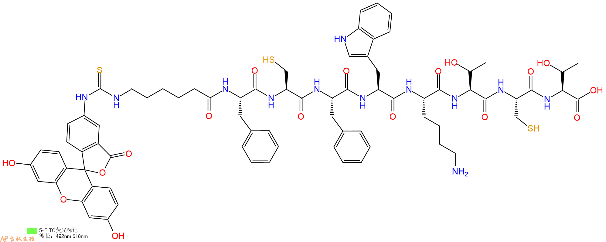 专肽生物产品5FITC-Ahx-Phe-Cys-Phe-Trp-Lys-Thr-Cys-Thr-COOH