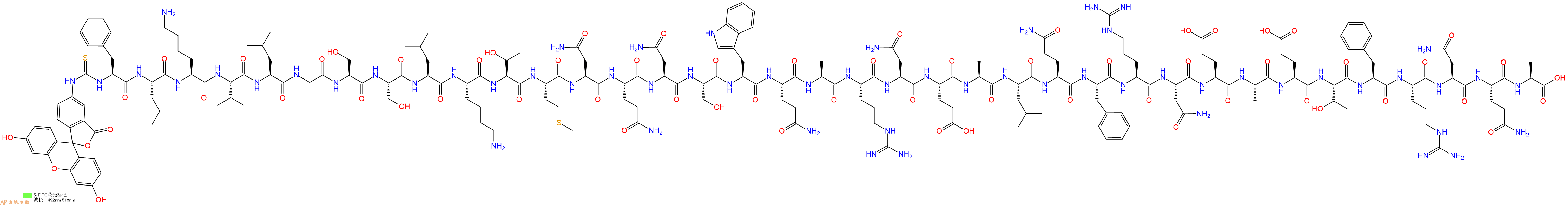 专肽生物产品5FITC-Phe-Leu-Lys-Val-Leu-Gly-Ser-Ser-Leu-Lys-Thr-Met-Asn-Gln-Asn-Ser-Trp-Gln-Ala-Arg-Asn-Glu-Ala-Leu-Gln-Phe-Arg-Asn-Glu-Ala-Glu-Thr-Phe-Arg-Asn-Gln-Ala-COOH