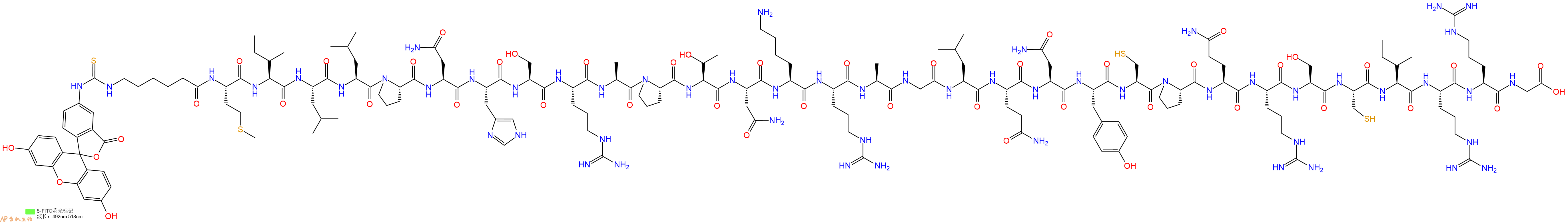 专肽生物产品5FITC-Ahx-Met-Ile-Leu-Leu-Pro-Asn-His-Ser-Arg-Ala-Pro-Thr-Asn-Lys-Arg-Ala-Gly-Leu-Gln-Asn-Tyr-Cys-Pro-Gln-Arg-Ser-Cys-Ile-Arg-Arg-Gly-COOH