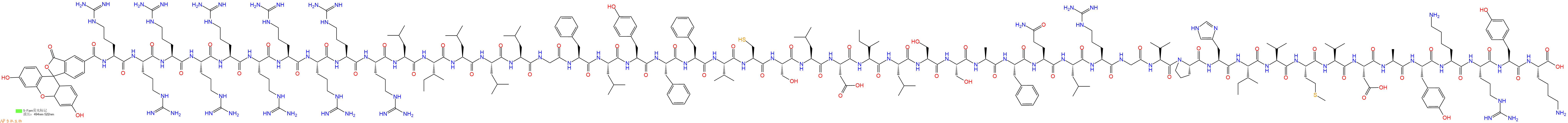 专肽生物产品5FAM-Arg-Arg-Arg-Arg-Arg-Arg-Arg-Arg-Arg-Arg-Leu-Ile-Leu-Leu-Leu-Gly-Phe-Leu-Tyr-Phe-Phe-Val-Cys-Ser-Leu-Asp-Ile-Leu-Ser-Ser-Ala-Phe-Gln-Leu-Arg-Gly-Val-Pro-His-Ile-Val-Met-Val-Asp-Ala-Tyr-Lys-Arg-Tyr-Lys-COOH