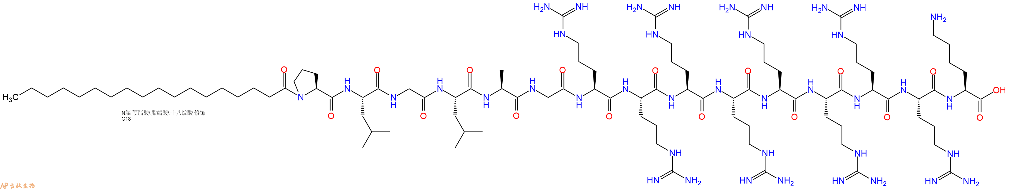 专肽生物产品Stearicacid-Pro-Leu-Gly-Leu-Ala-Gly-Arg-Arg-Arg-Arg-Arg-Arg-Arg-Arg-Lys-COOH