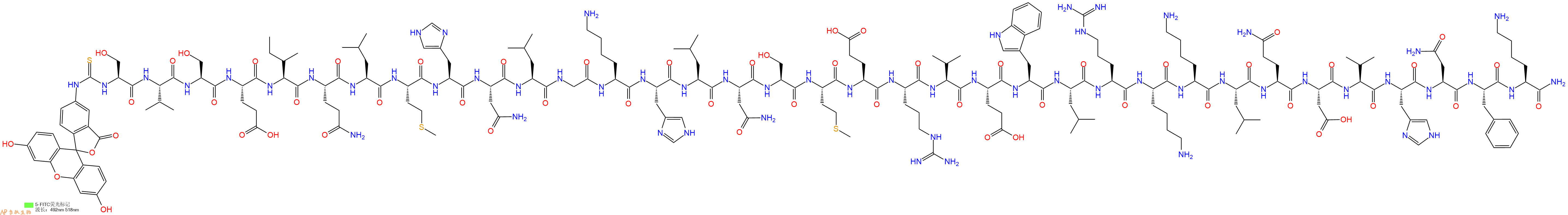 专肽生物产品5FITC-Ser-Val-Ser-Glu-Ile-Gln-Leu-Met-His-Asn-Leu-Gly-Lys-His-Leu-Asn-Ser-Met-Glu-Arg-Val-Glu-Trp-Leu-Arg-Lys-Lys-Leu-Gln-Asp-Val-His-Asn-Phe-Lys-NH2