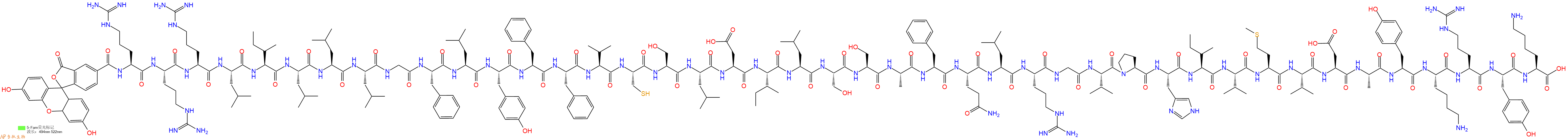 专肽生物产品5FAM-Arg-Arg-Arg-Leu-Ile-Leu-Leu-Leu-Gly-Phe-Leu-Tyr-Phe-Phe-Val-Cys-Ser-Leu-Asp-Ile-Leu-Ser-Ser-Ala-Phe-Gln-Leu-Arg-Gly-Val-Pro-His-Ile-Val-Met-Val-Asp-Ala-Tyr-Lys-Arg-Tyr-Lys-COOH
