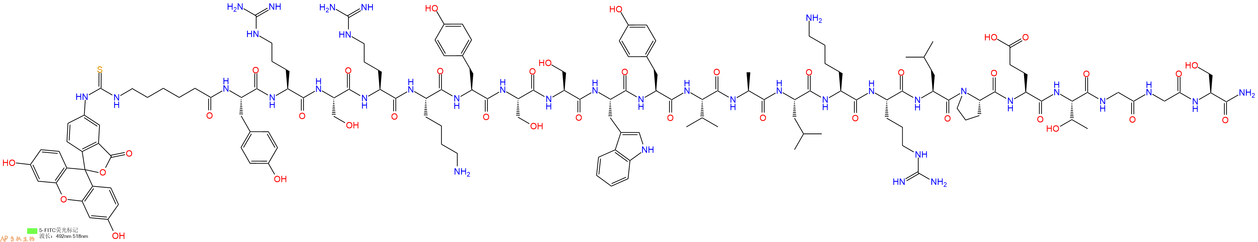 专肽生物产品5FITC-Ahx-Tyr-Arg-Ser-Arg-Lys-Tyr-Ser-Ser-Trp-Tyr-Val-Ala-Leu-Lys-Arg-Leu-Pro-Glu-Thr-Gly-Gly-Ser-NH2