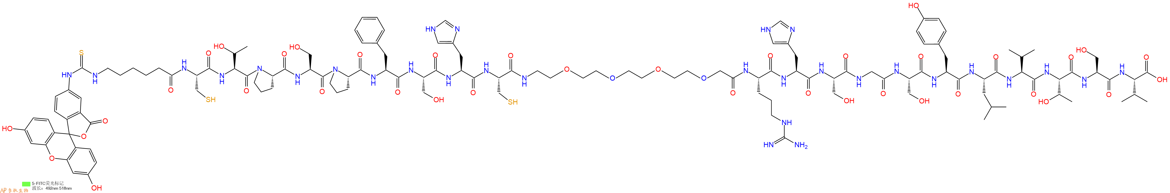 专肽生物产品5FITC-Ahx-Cys-Thr-Pro-Ser-Pro-Phe-Ser-His-Cys-PEG4-Arg-His-Ser-Gly-Ser-Tyr-Leu-Val-Thr-Ser-Val